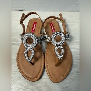 UNIONBAY Youth Tan Sandals with Silver Beaded T-Strap